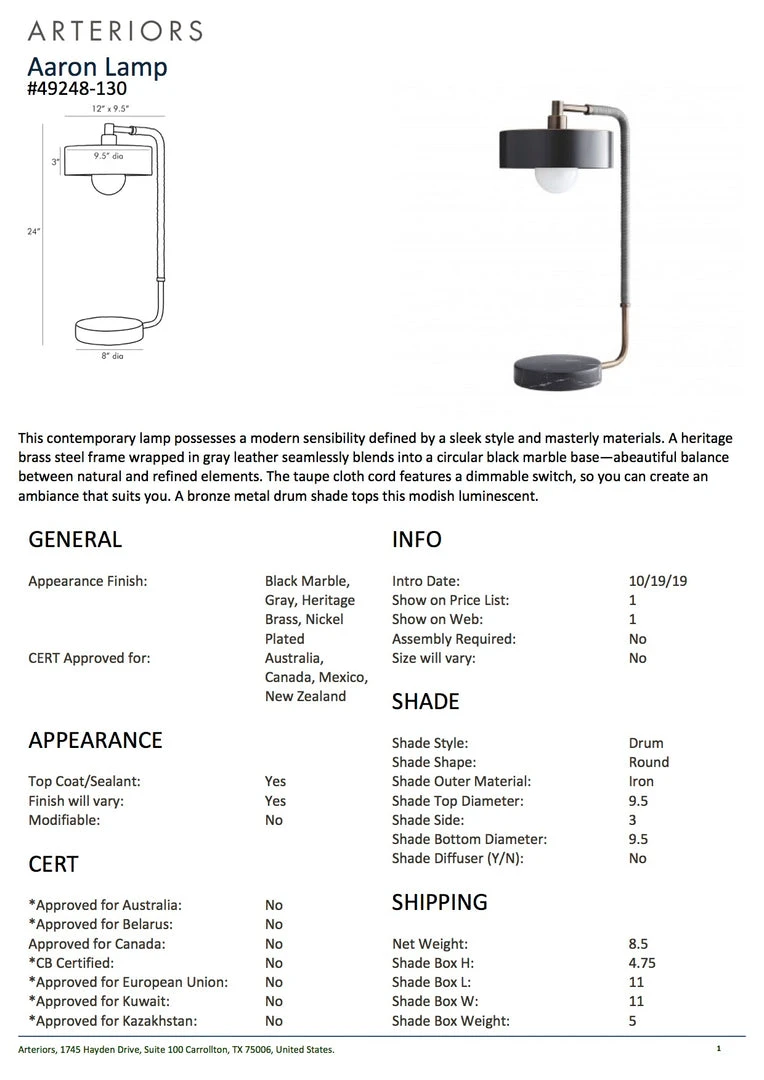 Arteriors Home New Arrivals Aaron Lamp Black Marble 7 Arteriors Home New Arrivals Aaron Lamp Black Marble