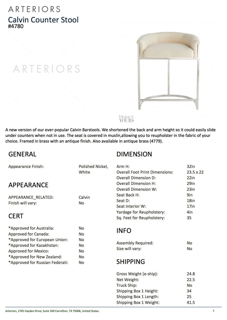 Arteriors Home New Arrivals Calvin Counter Stool Muslin And Polished Nickel 7 Arteriors Home New Arrivals Calvin Counter Stool Muslin And Polished Nickel