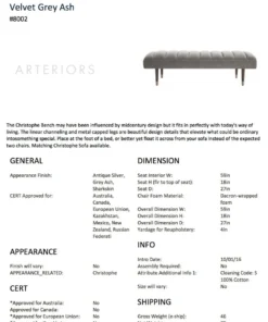 Arteriors Home Christophe Bench Sharkskin Velvet Gray