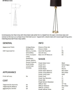 Arteriors Home Hadley Floor Lamp Antique Brass Black Shade