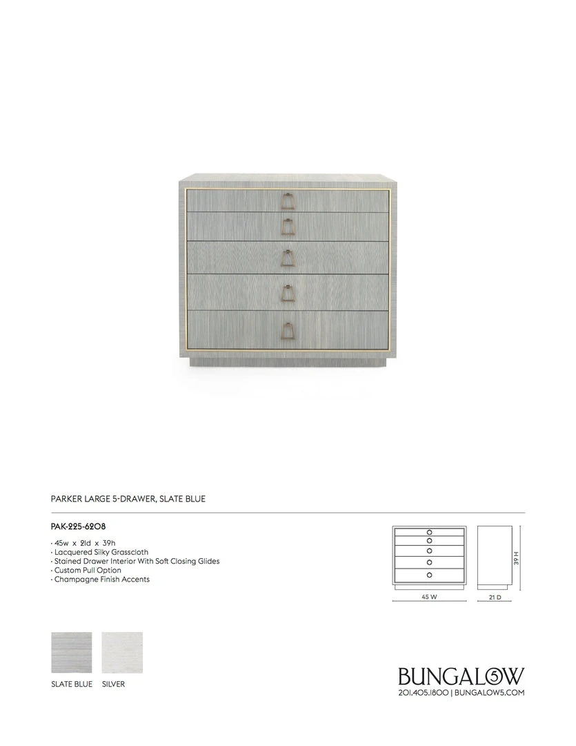 Bungalow 5 Parker Large 5 Drawer Chest Slate Blue Lacquered Grasscloth 6 Bungalow 5 Parker Large 5 Drawer Chest Slate Blue Lacquered Grasscloth