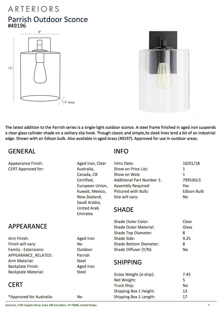 Arteriors Home Parrish Outdoor Sconce Aged Iron 6 Arteriors Home Parrish Outdoor Sconce Aged Iron