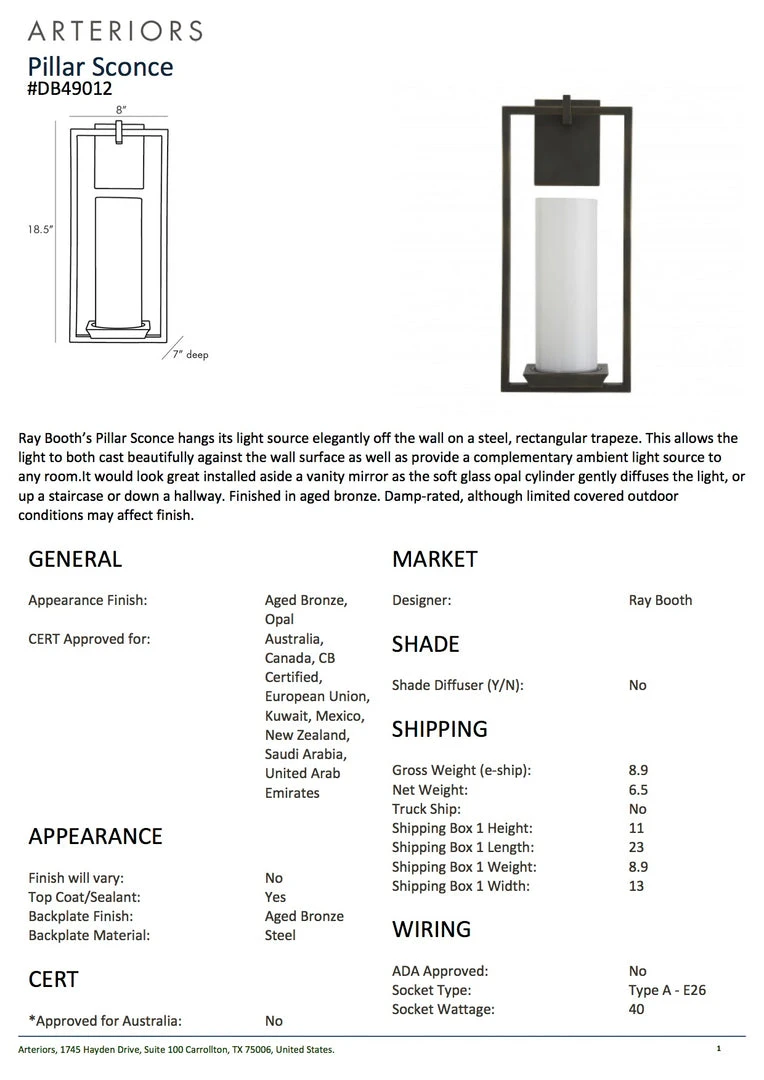 Arteriors Home Pillar Sconce Aged Bronze 7 Arteriors Home Pillar Sconce Aged Bronze