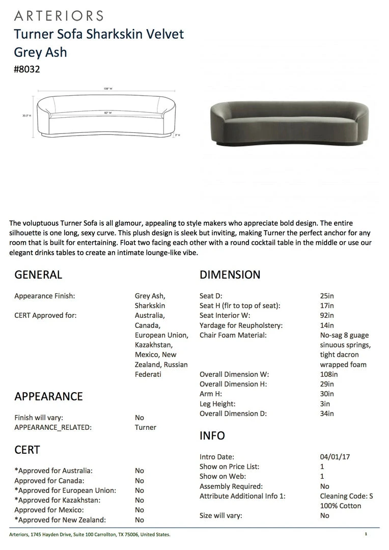 Arteriors Home Turner Sofa Sharkskin Velvet Grey Ash 7 Arteriors Home Turner Sofa Sharkskin Velvet Grey Ash