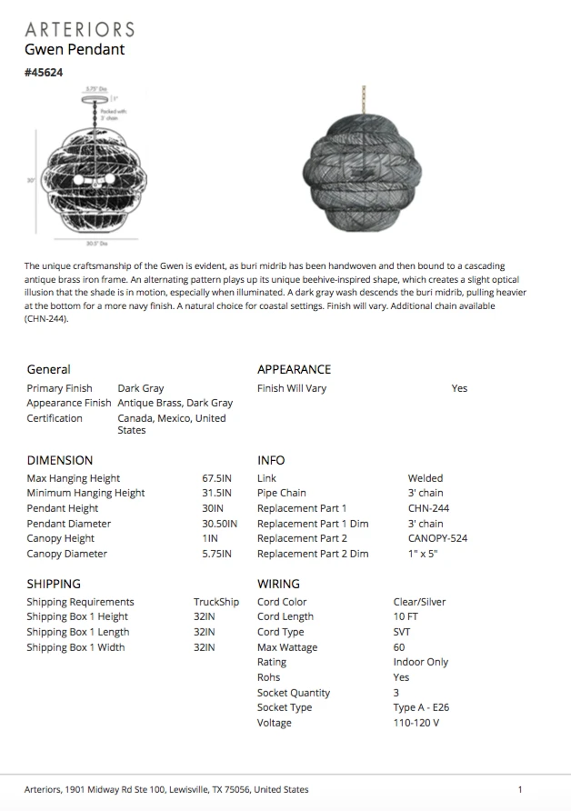 Arteriors Home Gwen Pendant Dark Gray 13 Arteriors Home Gwen Pendant Dark Gray