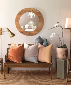 Jamie Young Cross Stitch Round Mirror Buff Leather New Arrivals