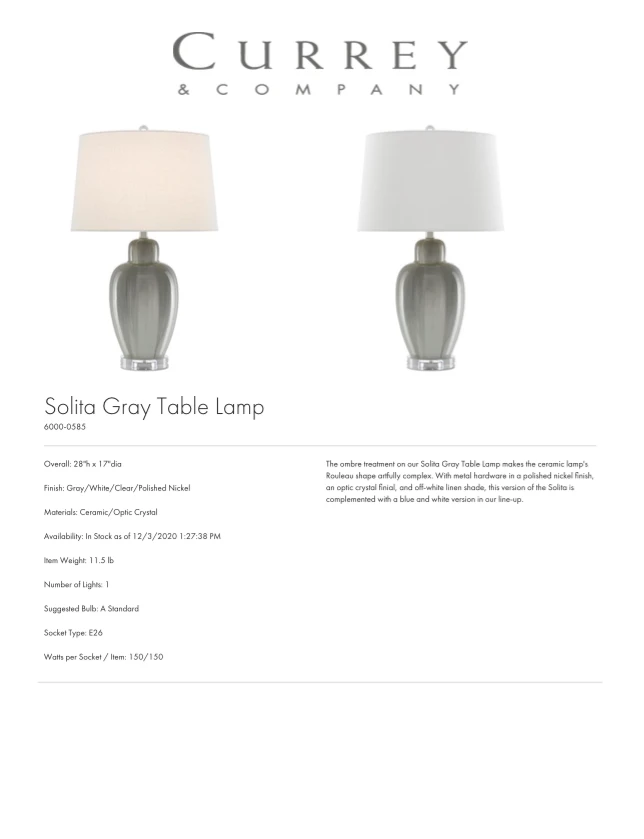 Currey And Company Solita Gray Table Lamp New Arrivals 6 Currey And Company Solita Gray Table Lamp New Arrivals