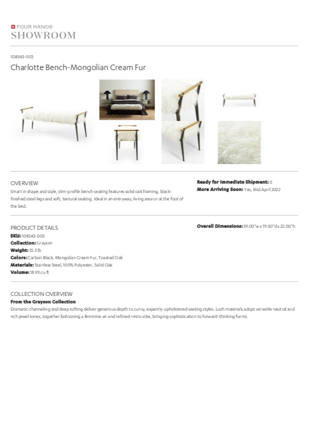 Four Hands New Arrivals Charlotte Bench Mongolian Cream Fur 10 Four Hands New Arrivals Charlotte Bench Mongolian Cream Fur