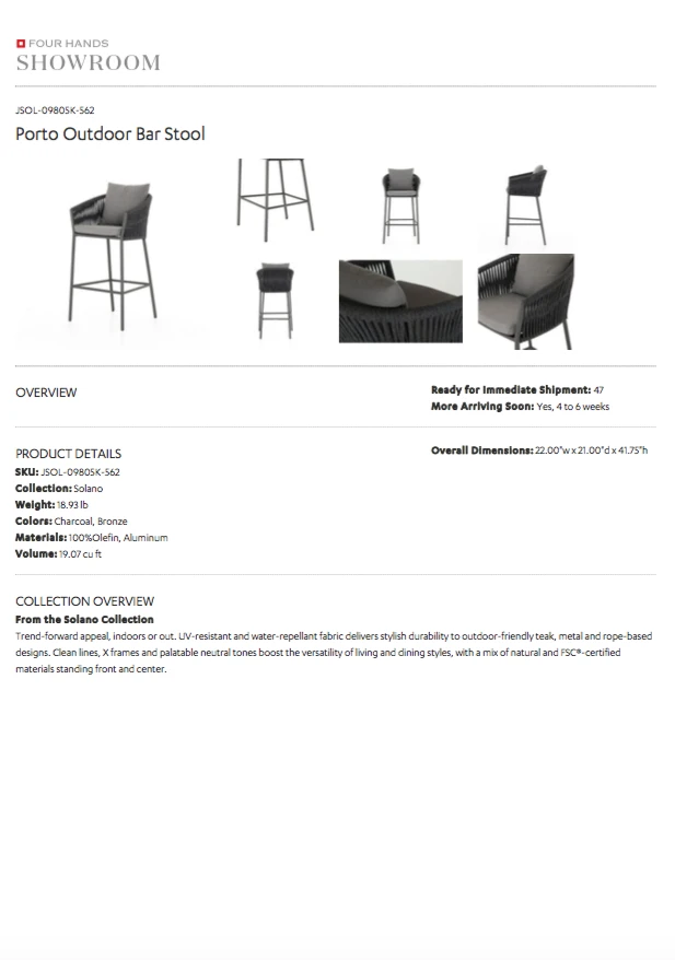 Four Hands Porto Outdoor Bar Stool Charcoal 19 Four Hands Porto Outdoor Bar Stool Charcoal