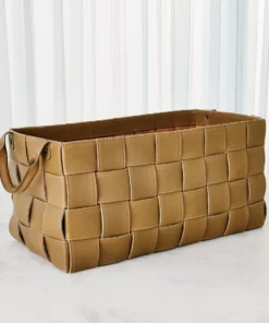 Global Views Soft Woven Leather Baskets Putty Set Of Two