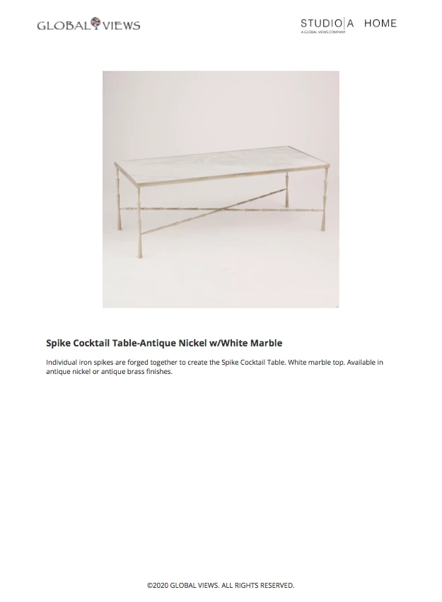 Global Views New Arrivals Spike Cocktail Table Antique Nickel White Marble 6 Global Views New Arrivals Spike Cocktail Table Antique Nickel White Marble
